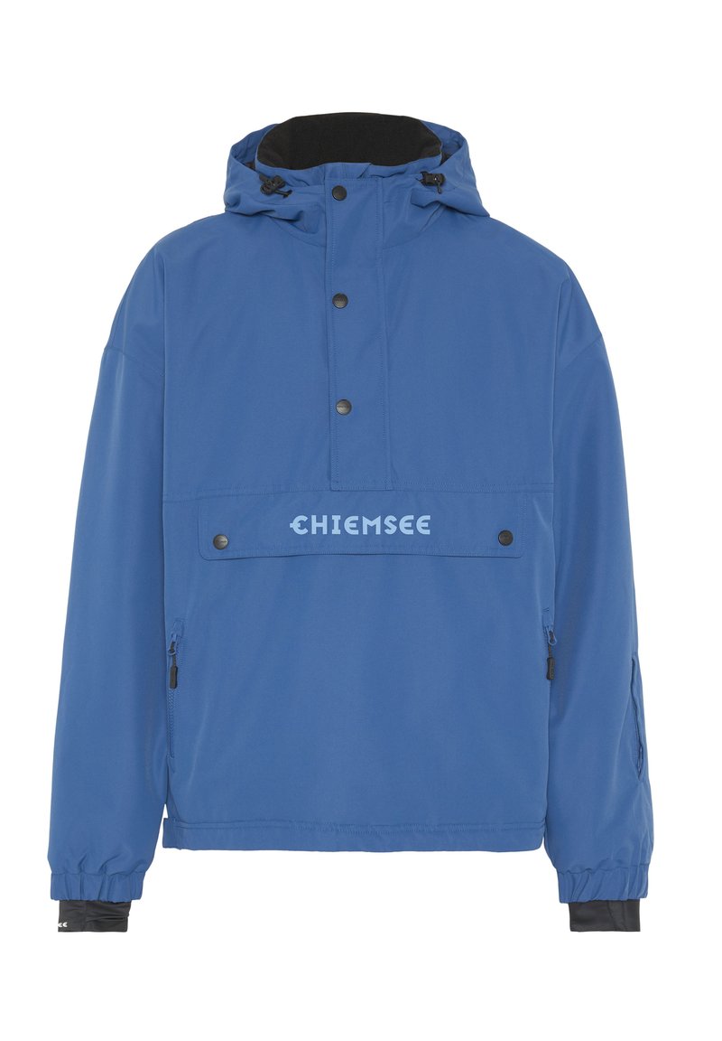 Blauer Pullover mit Kapuze, Verschluss mit Druckknöpfen vorne, Brusttasche, Reißverschluss an der Seite und elastischen Bündchen. Verfügt über ein strukturiertes Gewebe und ein Logodetail.