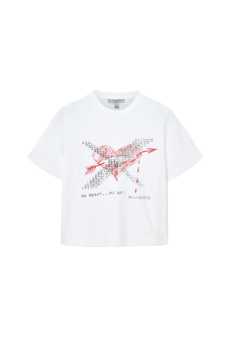Weißes Baumwoll-T-Shirt mit einem roten Herz-Design mit Pfeilen und schwarzem Aufdruck, einschließlich des Textes "NO HEART... NO ART. ALLSAINTS."