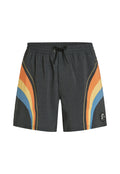 Schwarze Badehose mit Kordelzug, die diagonale Streifen in Orange, Gelb und Blau aufweist. Enthält ein Logo-Patch auf der unteren rechten Seite.
