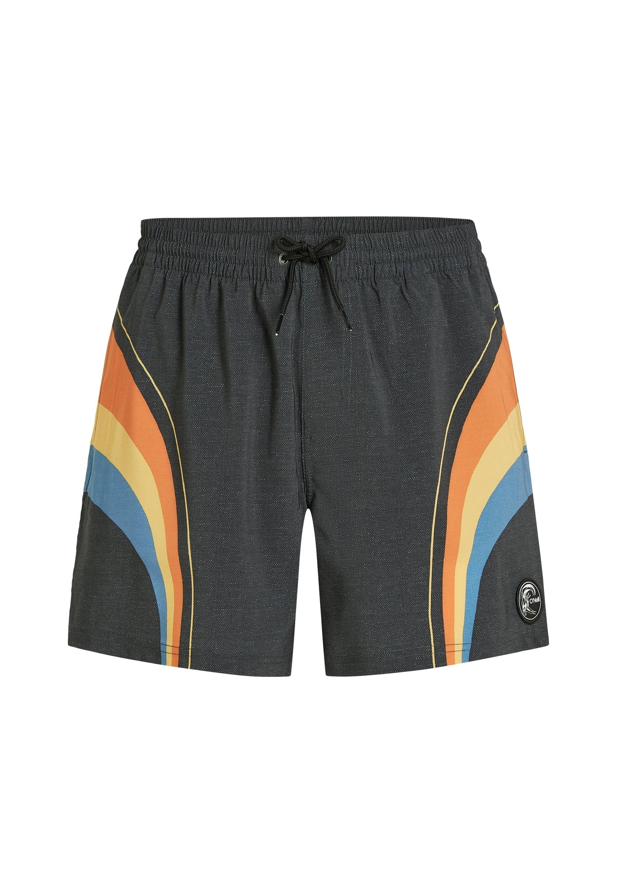 Schwarze Badehose mit Kordelzug, die diagonale Streifen in Orange, Gelb und Blau aufweist. Enthält ein Logo-Patch auf der unteren rechten Seite.