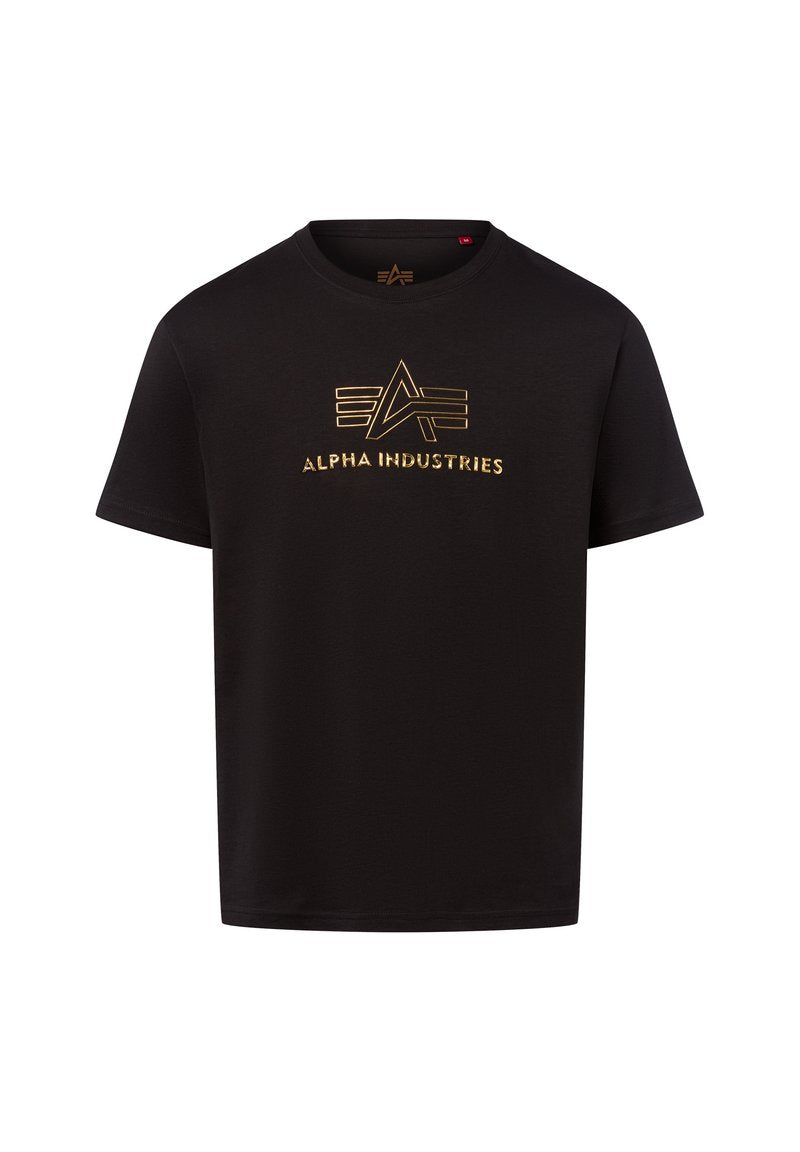 Schwarzes T-Shirt aus Baumwolle mit kurzen Ärmeln. Mit einem goldenen "ALPHA INDUSTRIES"-Logo und geometrischem Design in der Mitte.