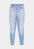 Hellblaue Skinny-Jeans aus Denim mit hoher Taille, versehen mit Distressed-Details, fünf Taschen und einem Reißverschluss vorne.