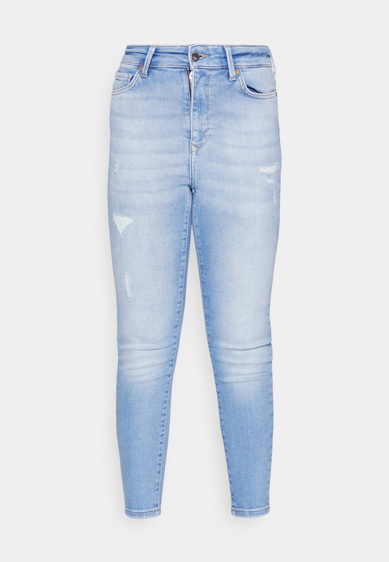 Hellblaue Skinny-Jeans aus Denim mit hoher Taille, versehen mit Distressed-Details, fünf Taschen und einem Reißverschluss vorne.