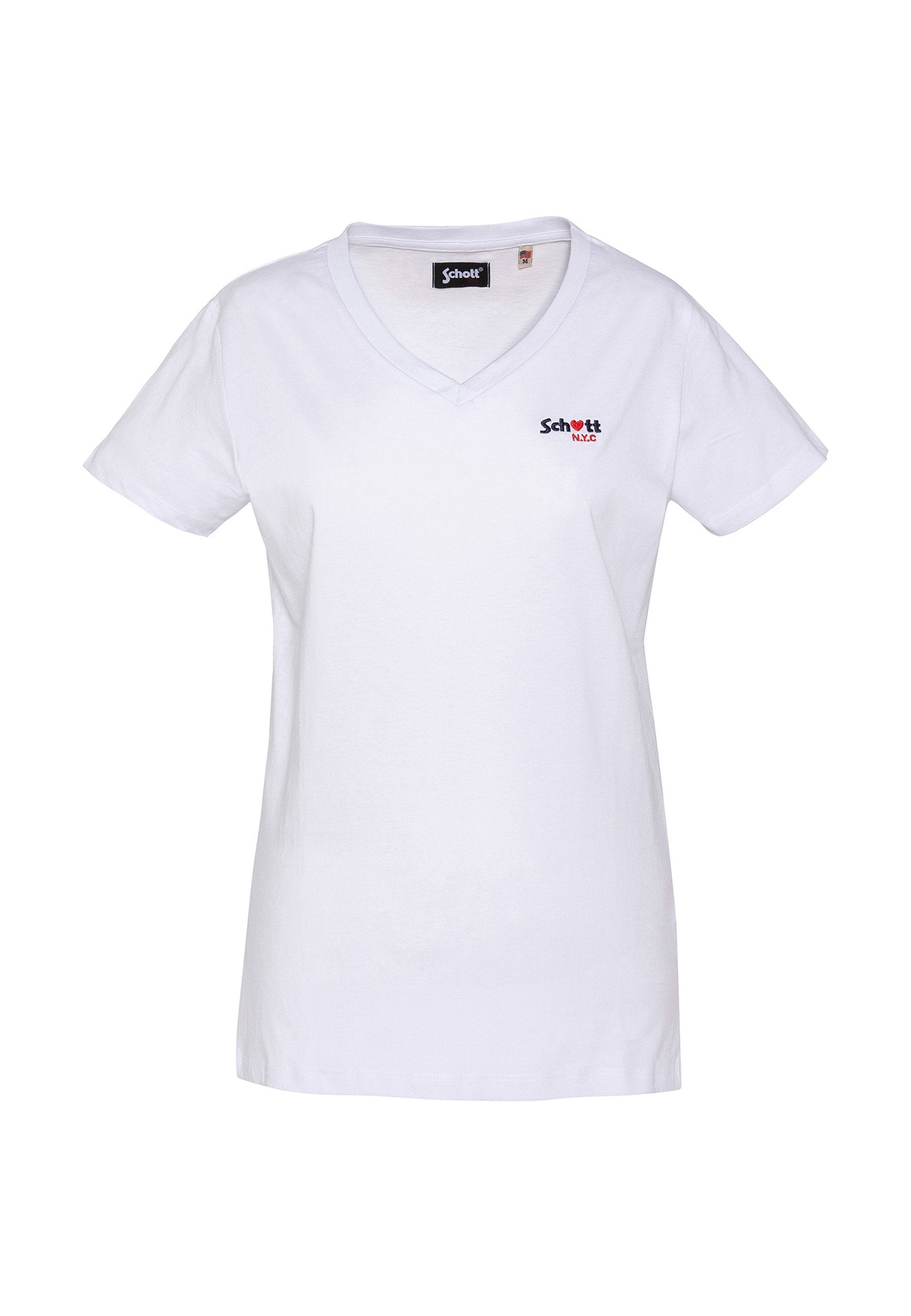 Weißes T-Shirt mit V-Ausschnitt, kurzen Ärmeln, kleinem "Schott N.Y.C"-Logo auf der linken Brust und einem Größenetikett aus Stoff im Kragen.