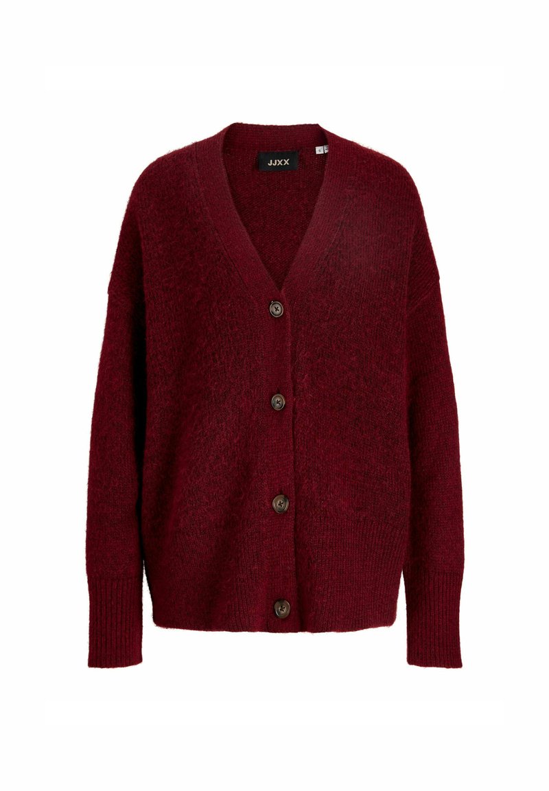 Bordeauxfarbener Strickcardigan mit V-Ausschnitt, übergroßem Schnitt, fünf braunen Knöpfen und gerippten Bündchen. Weiche Textur und lockeres Design.