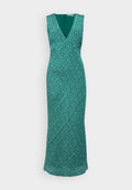 Grünes ärmelloses Kleid mit V-Ausschnitt, floralem Muster, tailliertem Oberteil und fließendem Rock. Reißverschluss hinten mit glatter Textur.