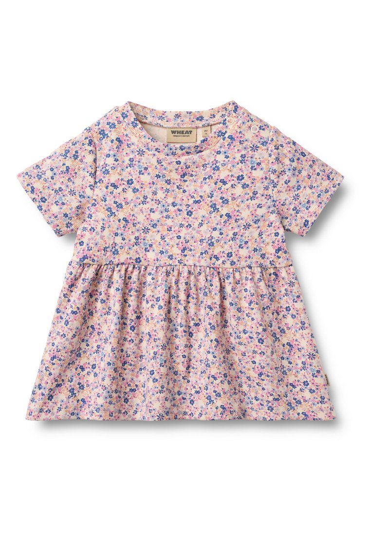 Hellrosa kurzärmliges Kleid mit geraffter Taille und Blumenmuster mit blauen und lila Blumen. Weicher Stoff mit rundem Ausschnitt.