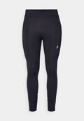 Schwarze Sportleggings aus dehnbarem Stoff. Mit hohem Bund, glatter Textur und kleinem Logo an der Seite.