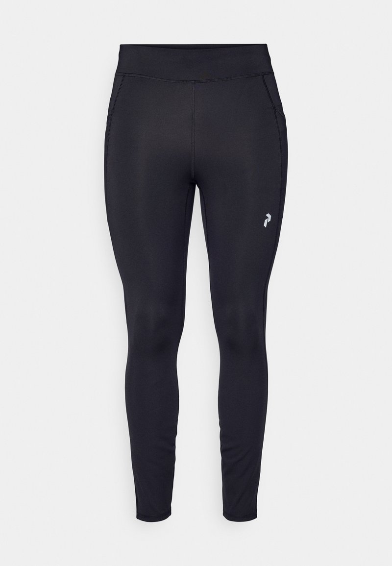 Schwarze Sportleggings aus dehnbarem Stoff. Mit hohem Bund, glatter Textur und kleinem Logo an der Seite.