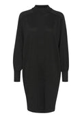 Schwarzes Strickkleid mit hohem Hals, langen Ballonärmeln und gerippten Bündchen. Verfügt über einen subtilen Glanz und eine oversized Silhouette.