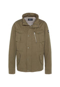 Olivengrüne Jacke mit Kragen, Vorderdruckknöpfen und Reißverschluss, zwei Brusttaschen und seitlichen Taschen. Hergestellt aus einem strapazierfähigen Stoff.