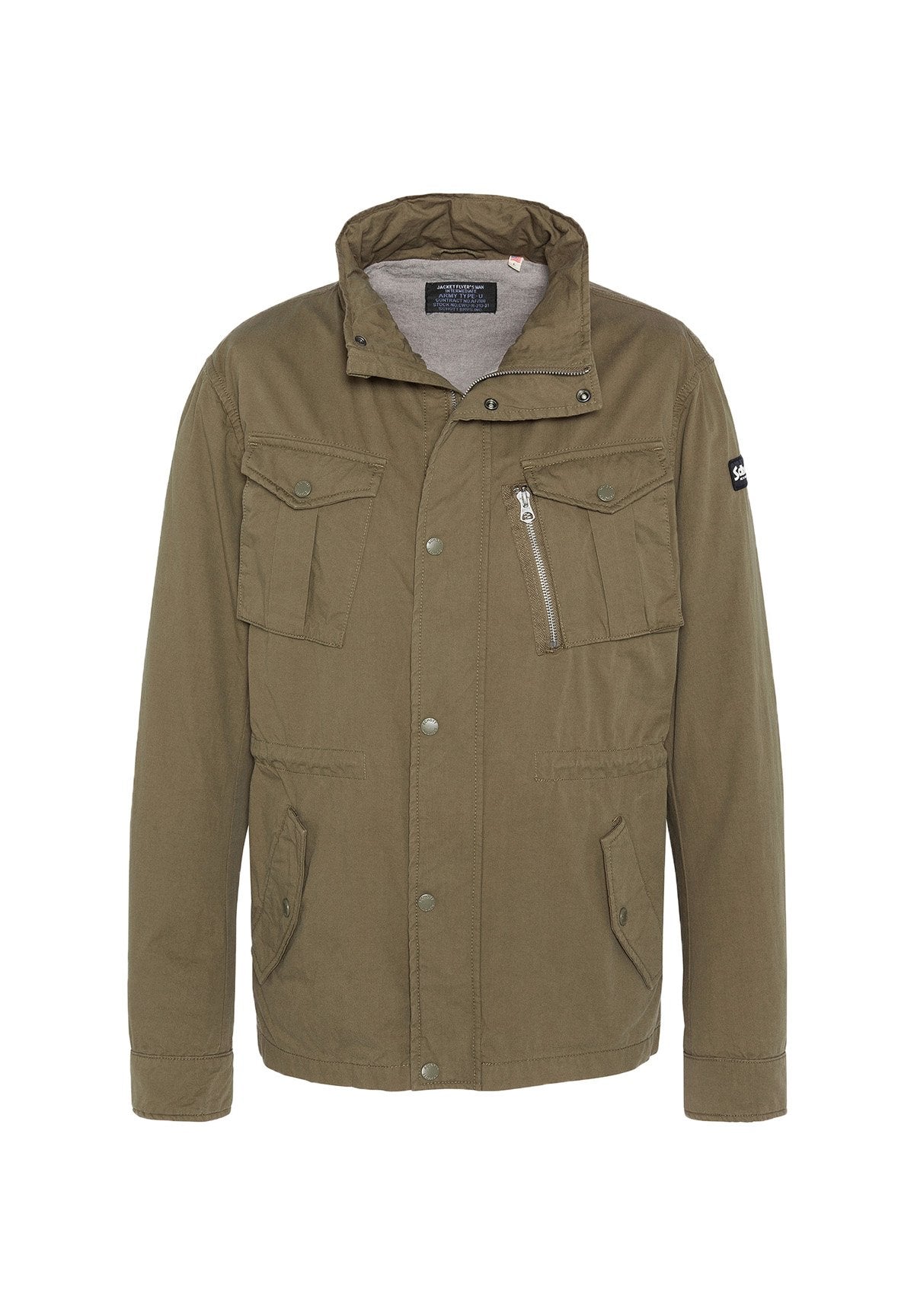 Olivengrüne Jacke mit Kragen, Vorderdruckknöpfen und Reißverschluss, zwei Brusttaschen und seitlichen Taschen. Hergestellt aus einem strapazierfähigen Stoff.