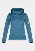 Blaues Kapuzenjacke mit durchgehendem Reißverschluss, langen Ärmeln, Reißverschlusstasche am linken Arm und gelben Details an Reißverschlussanhängern und Schulterlogo.