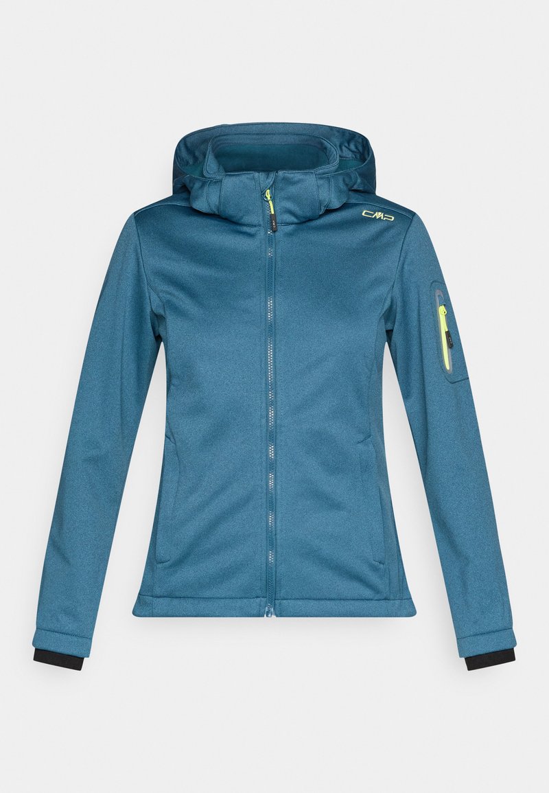 Blaues Kapuzenjacke mit durchgehendem Reißverschluss, langen Ärmeln, Reißverschlusstasche am linken Arm und gelben Details an Reißverschlussanhängern und Schulterlogo.