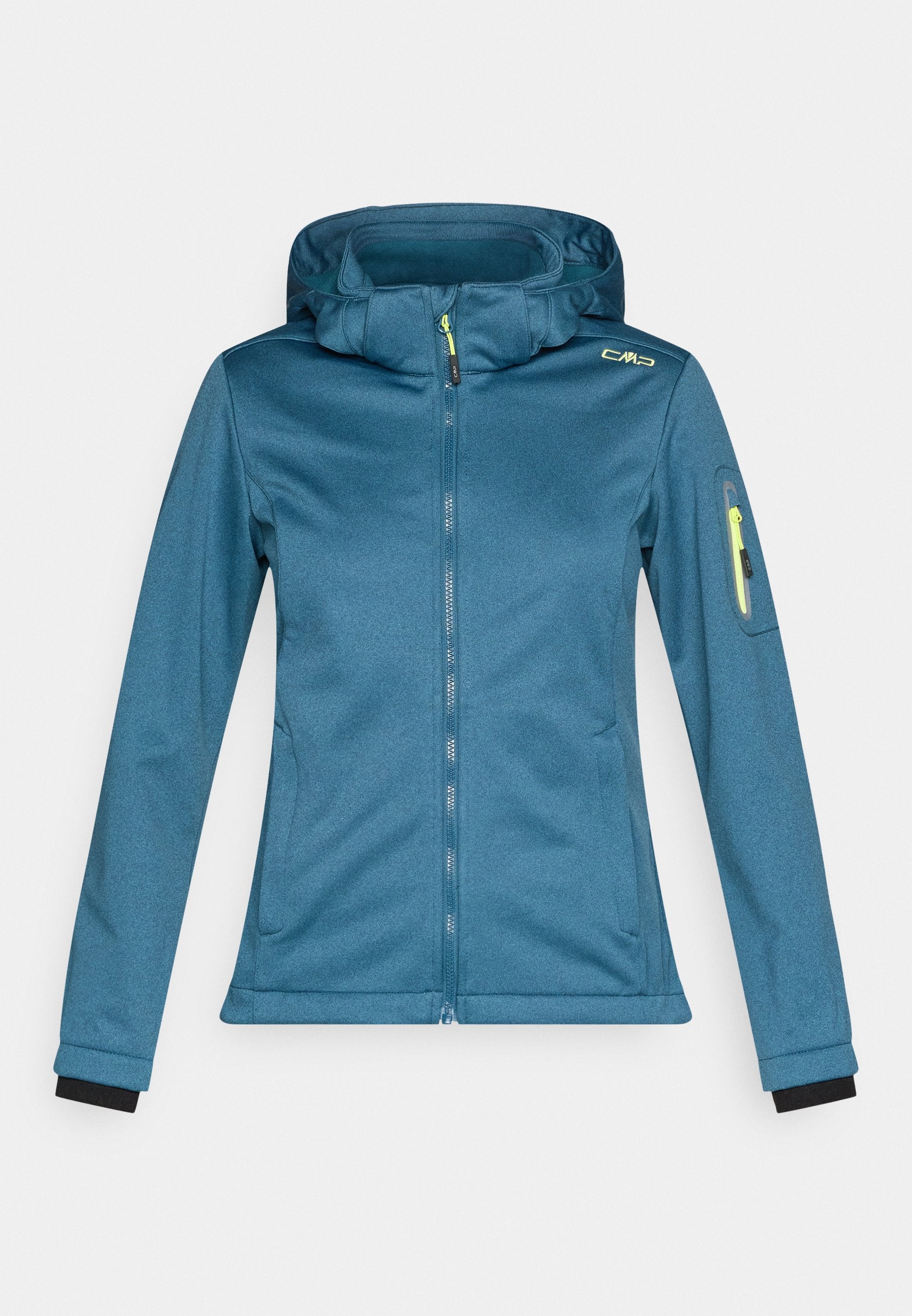Blaues Kapuzenjacke mit durchgehendem Reißverschluss, langen Ärmeln, Reißverschlusstasche am linken Arm und gelben Details an Reißverschlussanhängern und Schulterlogo.