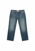 Mittelhohe, weit geschnittene Jeans aus mitteldem blauen Denim. Verfügt über fünf Taschen, dezente Waschungen vorne und einen geraden Saum.
