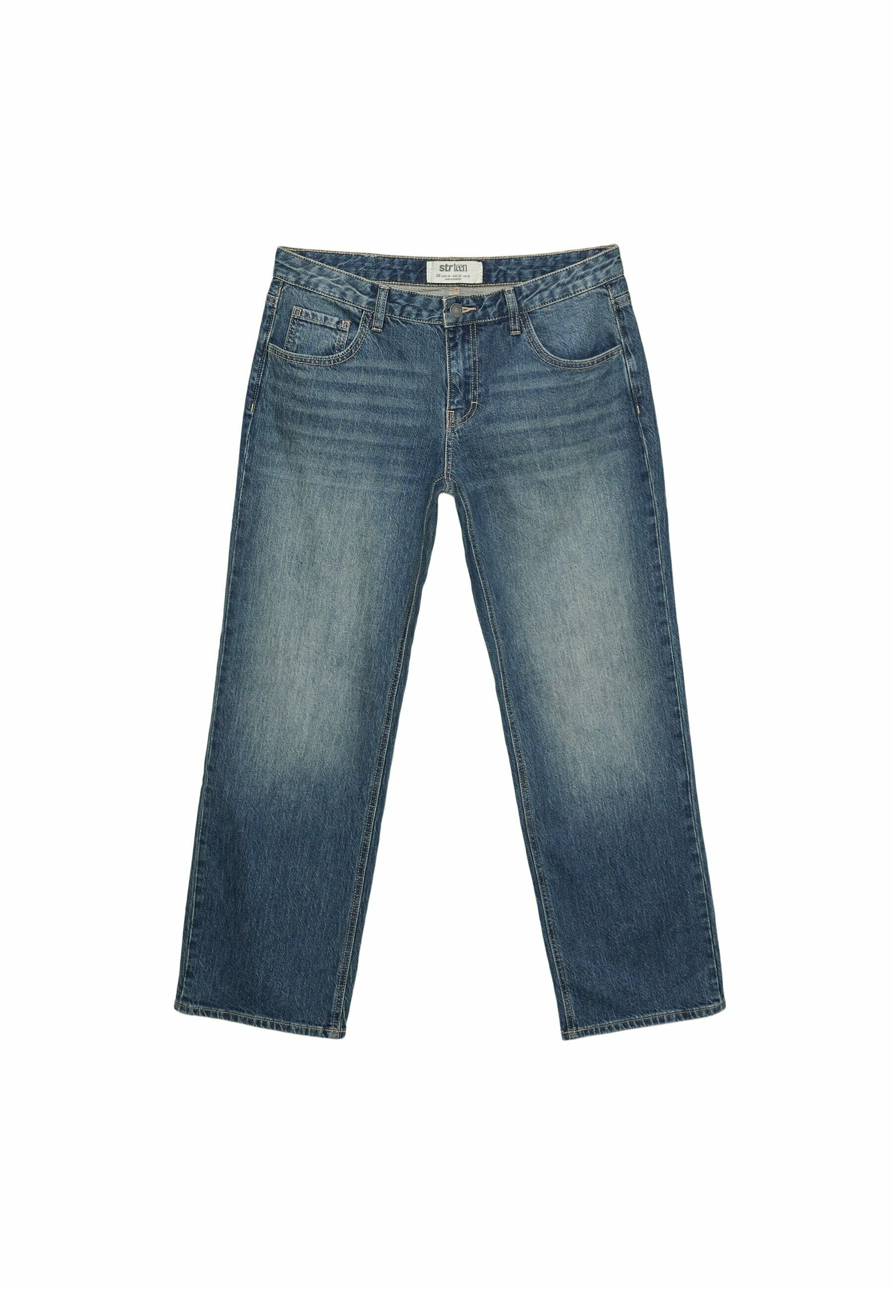 Mittelhohe, weit geschnittene Jeans aus mitteldem blauen Denim. Verfügt über fünf Taschen, dezente Waschungen vorne und einen geraden Saum.