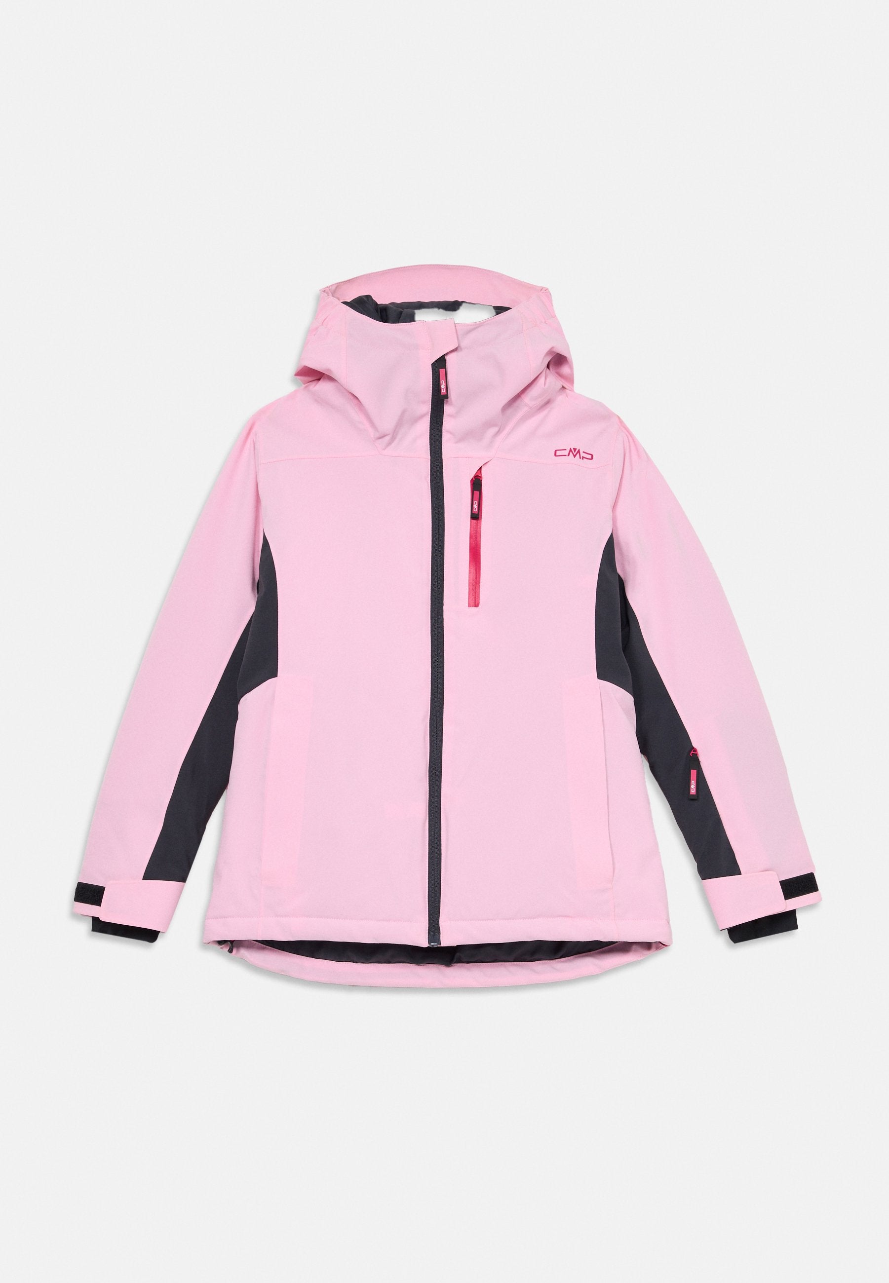 Rosa wasserdichte Jacke mit Kapuze, schwarzen Akzenten an den Seiten und Ärmeln, Reißverschluss und zwei Fronttaschen. Sportliches Design.
