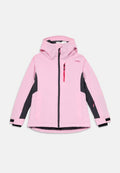Rosa wasserdichte Jacke mit Kapuze, schwarzen Akzenten an den Seiten und Ärmeln, Reißverschluss und zwei Fronttaschen. Sportliches Design.