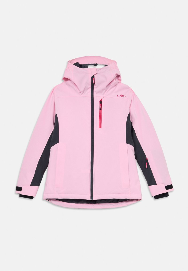 Rosa wasserdichte Jacke mit Kapuze, schwarzen Akzenten an den Seiten und Ärmeln, Reißverschluss und zwei Fronttaschen. Sportliches Design.