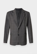 Grauer Blazer mit strukturiertem Muster, Revers, zwei Knöpfen und einer Brusttasche. Aus einem glatten Stoff gefertigt, taillierte Passform.