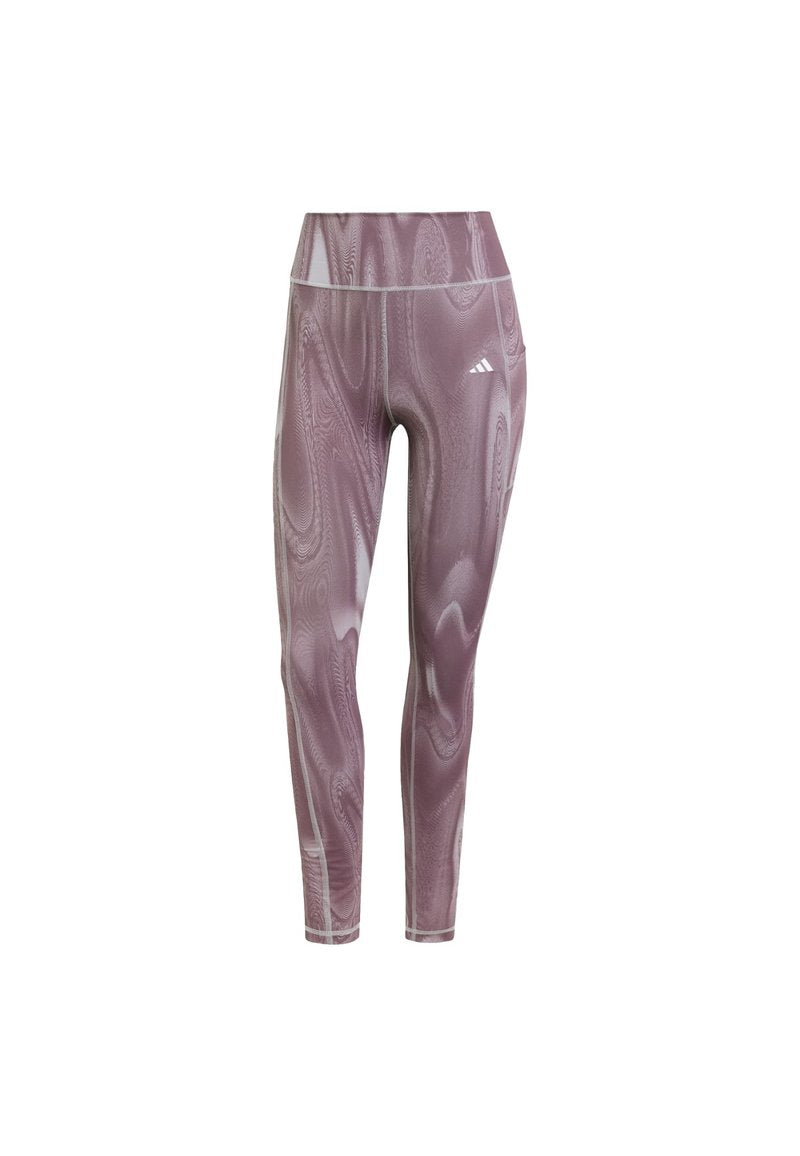 Lila hochtaillierte Adidas Leggings mit einem dezenten wellenförmigen Muster und weißem Logo am linken Oberschenkel, präsentiert vor einem weißen Hintergrund.