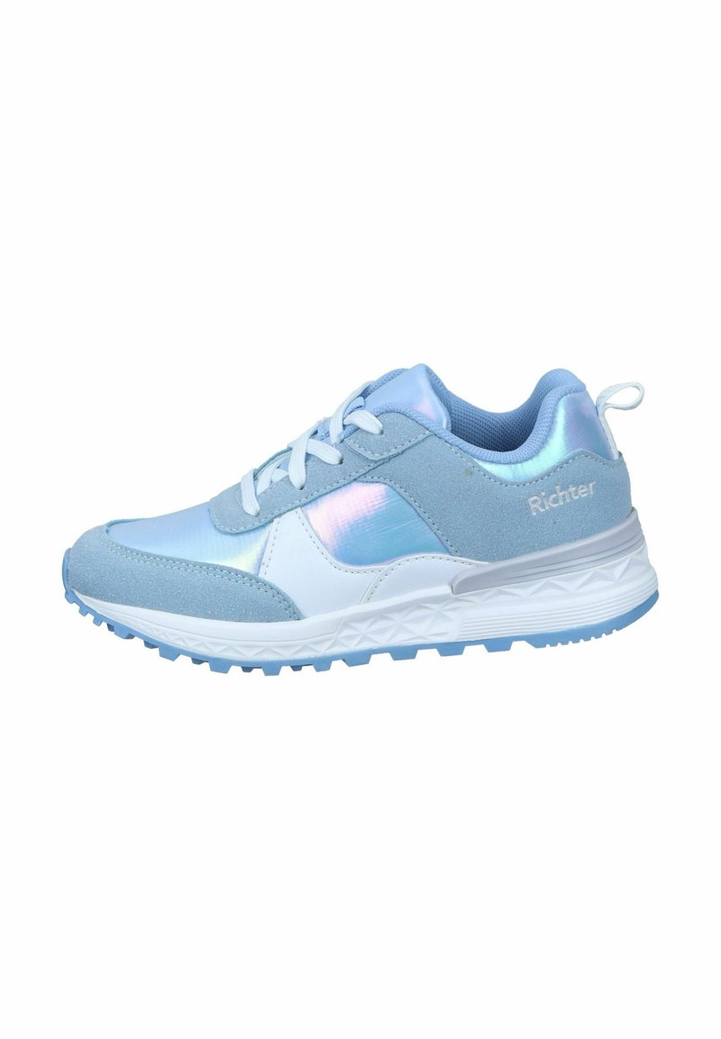 Hellblaue Sportschuhe aus strukturiertem Wildleder und glänzenden synthetischen Paneelen, mit weißen Akzenten und einer gemusterten Gummisohle. Schnürdesign mit einer Schlaufe an der Rückseite.