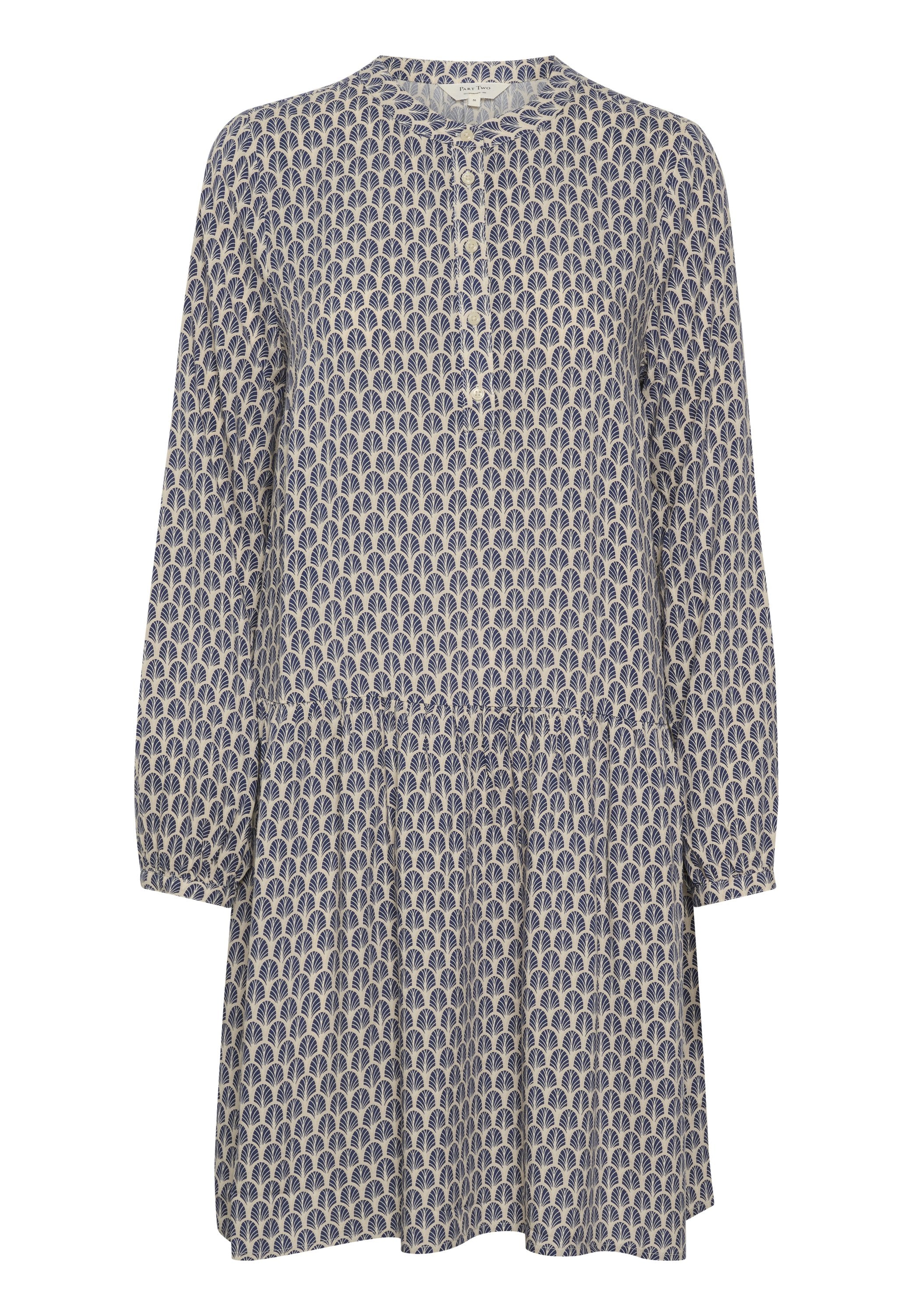 Langärmliges Kleid in Beige mit einem navyfarbenen Fächer-Muster. Es hat einen runden Halsausschnitt, eine Knopfverschluss und ein mehrlagiges Rockdesign.