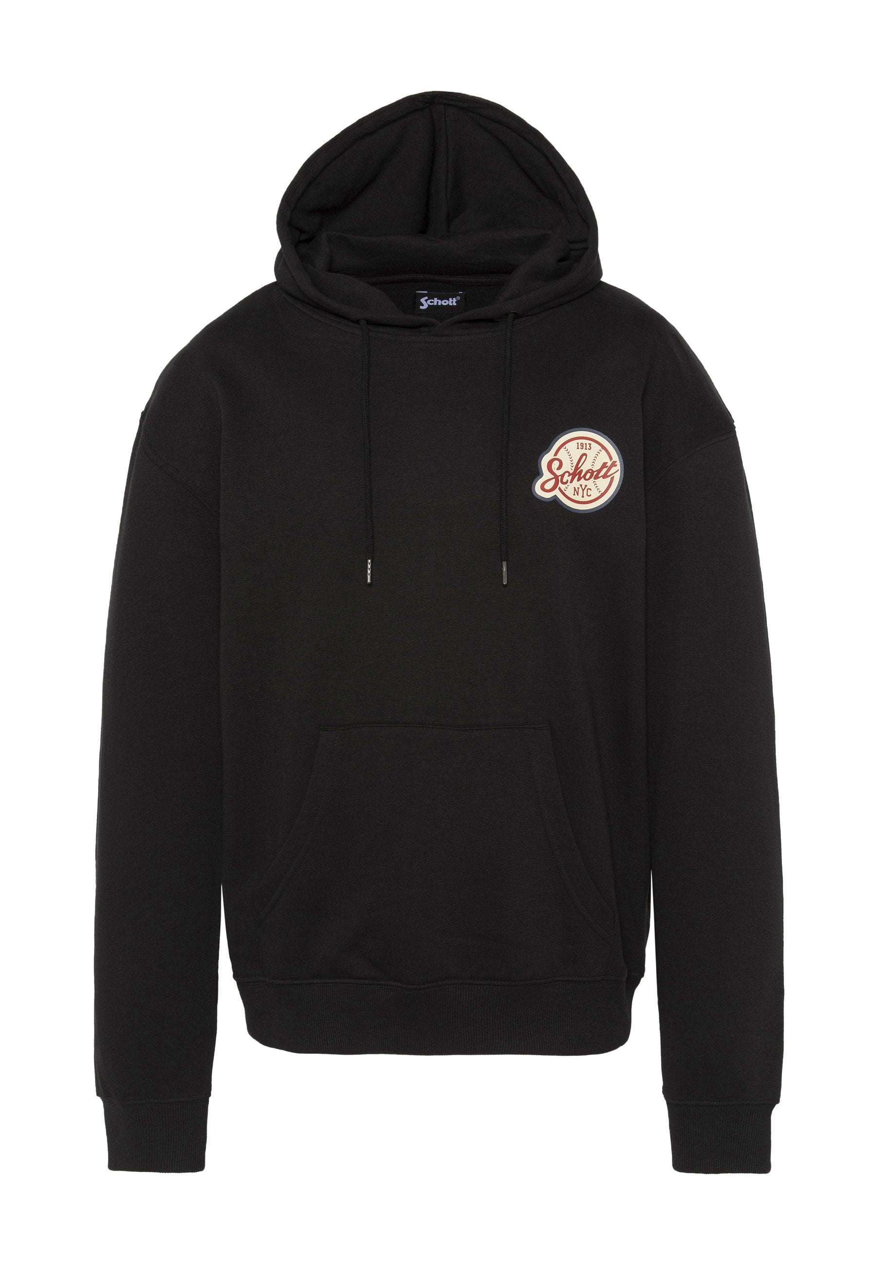 Schwarzer Kapuzenpullover mit Fronttasche, verstellbarer Kordelzugkapuze und einem rund gestickten Logo auf der linken Brust. Hergestellt aus weichem, robustem Stoff.