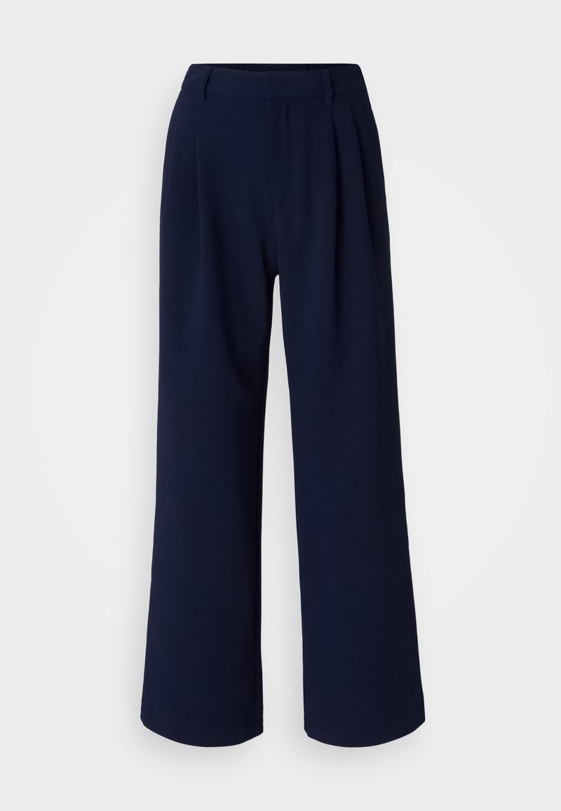 Weit geschnittene Hosen in dunklem Marineblau, mit Falten an der Vorderseite, glattem Stoff und klassischem Bund. Keine sichtbaren Taschen oder Verzierungen.