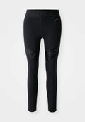 Schwarze Nike Pro Leggings mit hohem Bund, auf dem der Schriftzug "NIKE" sowie ein kleines weißes Nike-Swoosh-Logo auf der linken Hüfte angebracht sind.