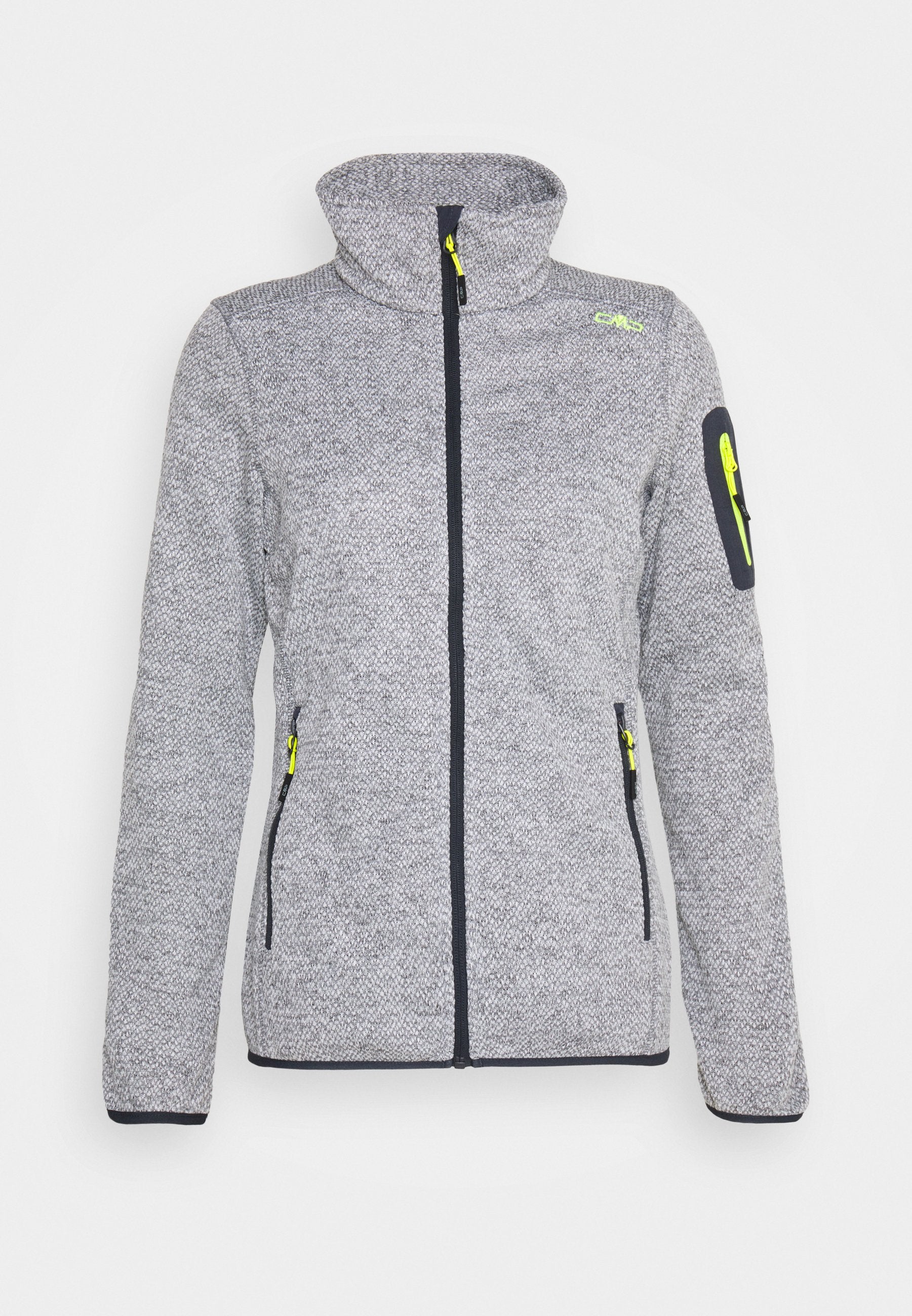 Graue Fleecejacke mit hohem Kragen, Frontreißverschluss, zwei Seitentaschen und eine Reißverschlusstasche am linken Arm. Mit schwarzem Rand und gelben Akzenten.