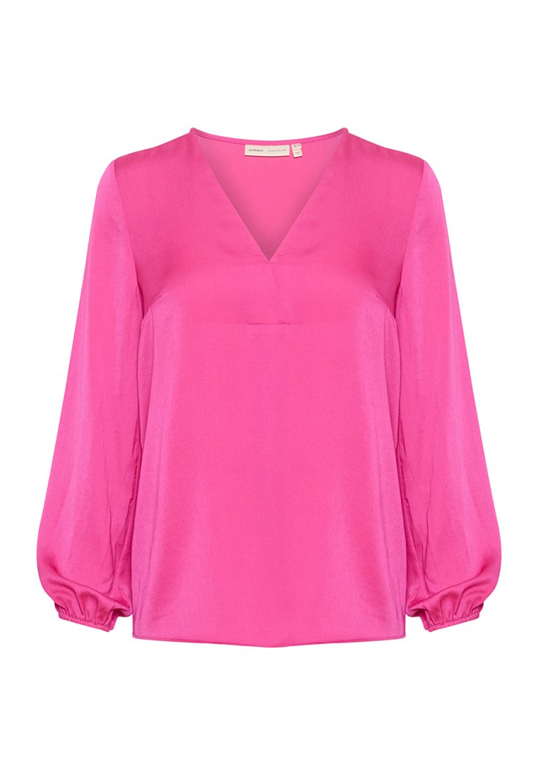 Rosa Bluse mit V-Ausschnitt, langen Puffärmeln und einer glatten, glänzenden Textur. Das Design ist locker geschnitten und eignet sich für verschiedene Anlässe.