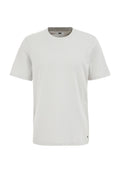 Hellgraues Kurzarm-T-Shirt mit rundem Ausschnitt, aus weichem Stoff, mit einem kleinen schwarzen Logo-Detail am unteren Saum.