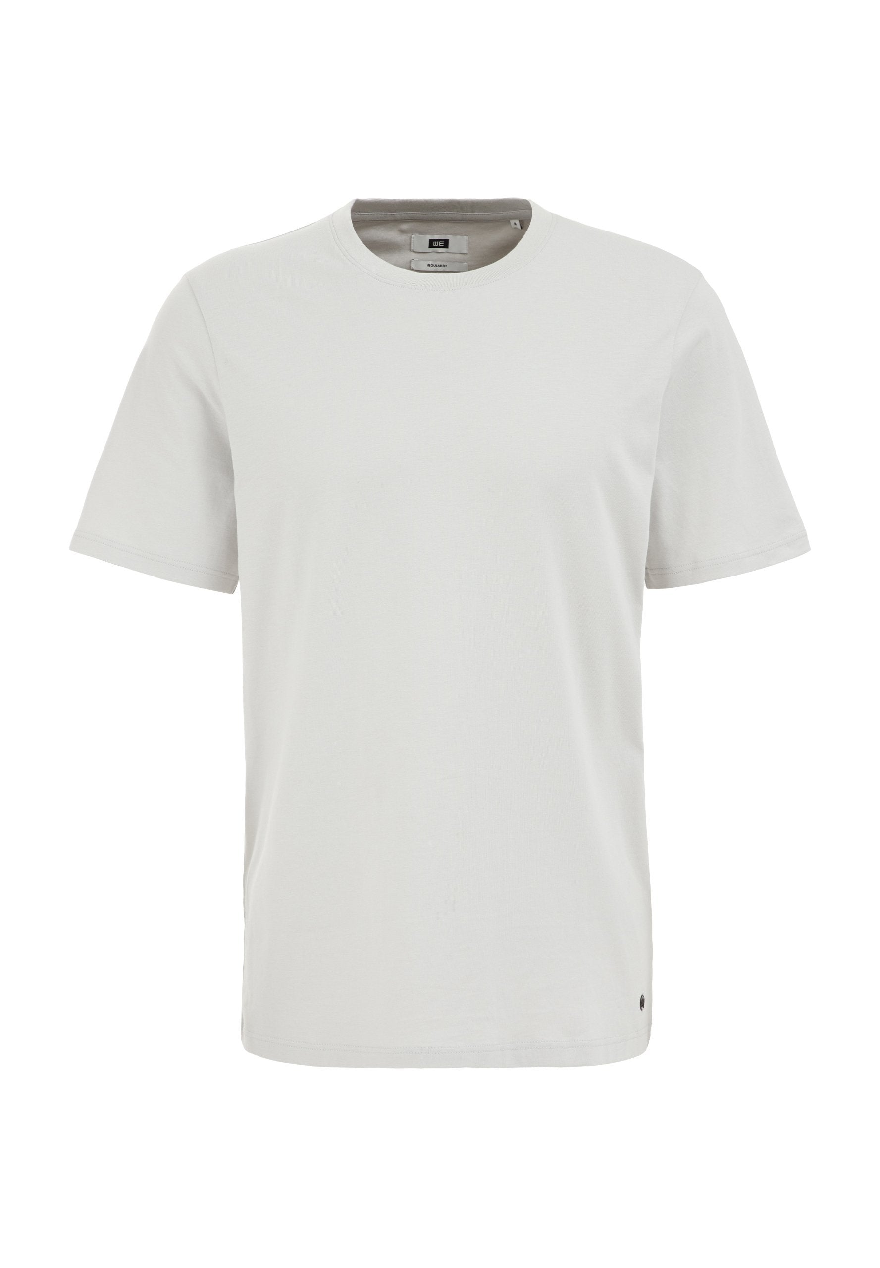 Hellgraues Kurzarm-T-Shirt mit rundem Ausschnitt, aus weichem Stoff, mit einem kleinen schwarzen Logo-Detail am unteren Saum.