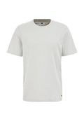 Hellgraues Kurzarm-T-Shirt mit rundem Ausschnitt, aus weichem Stoff, mit einem kleinen schwarzen Logo-Detail am unteren Saum.