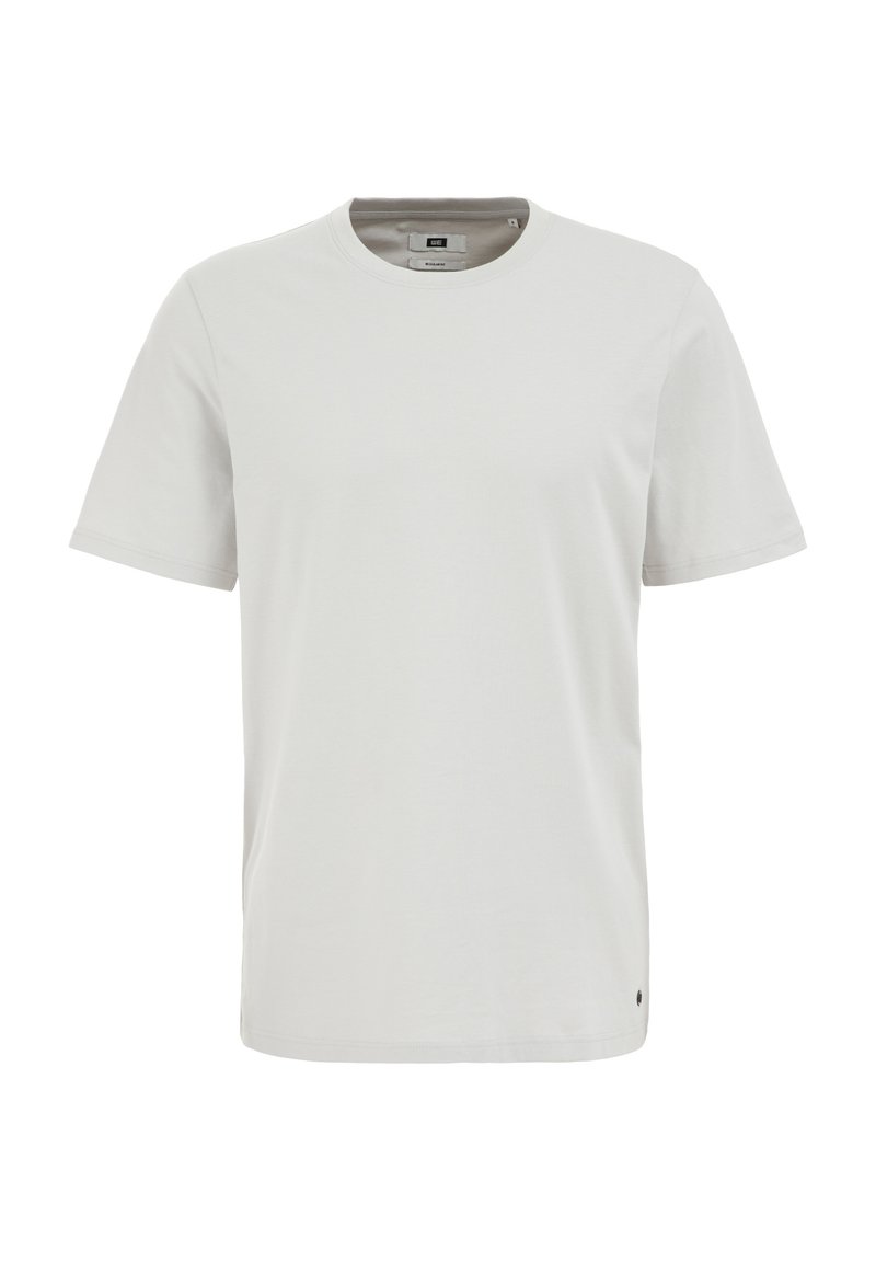 Hellgraues Kurzarm-T-Shirt mit rundem Ausschnitt, aus weichem Stoff, mit einem kleinen schwarzen Logo-Detail am unteren Saum.