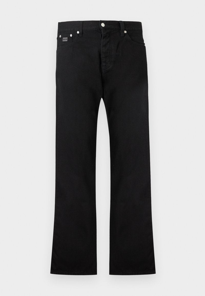 Schwarze Denim-Jeans mit geradem Schnitt, Fünf-Taschen-Design, Knopf- und Reißverschluss sowie dezenten Nähdetails.