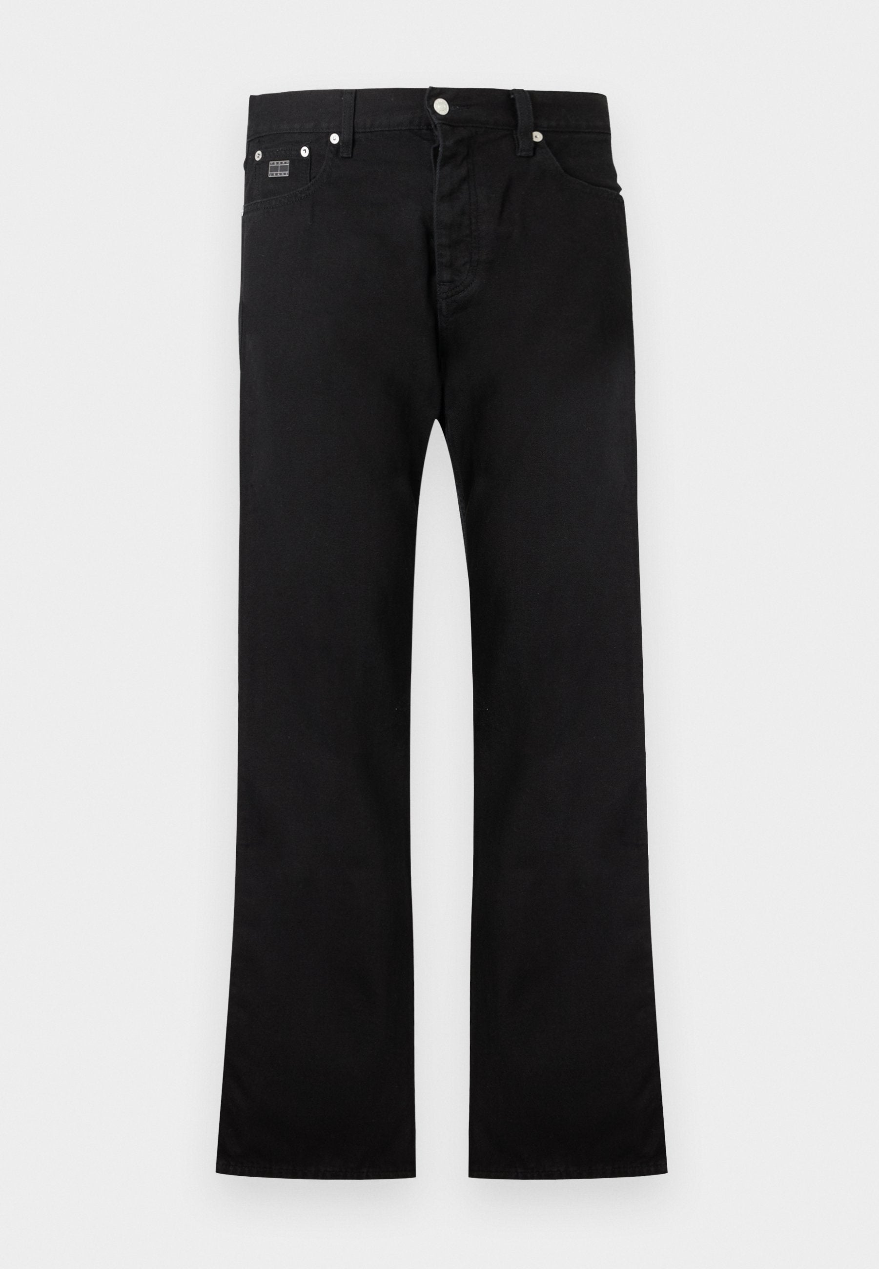 Schwarze Denim-Jeans mit geradem Schnitt, Fünf-Taschen-Design, Knopf- und Reißverschluss sowie dezenten Nähdetails.
