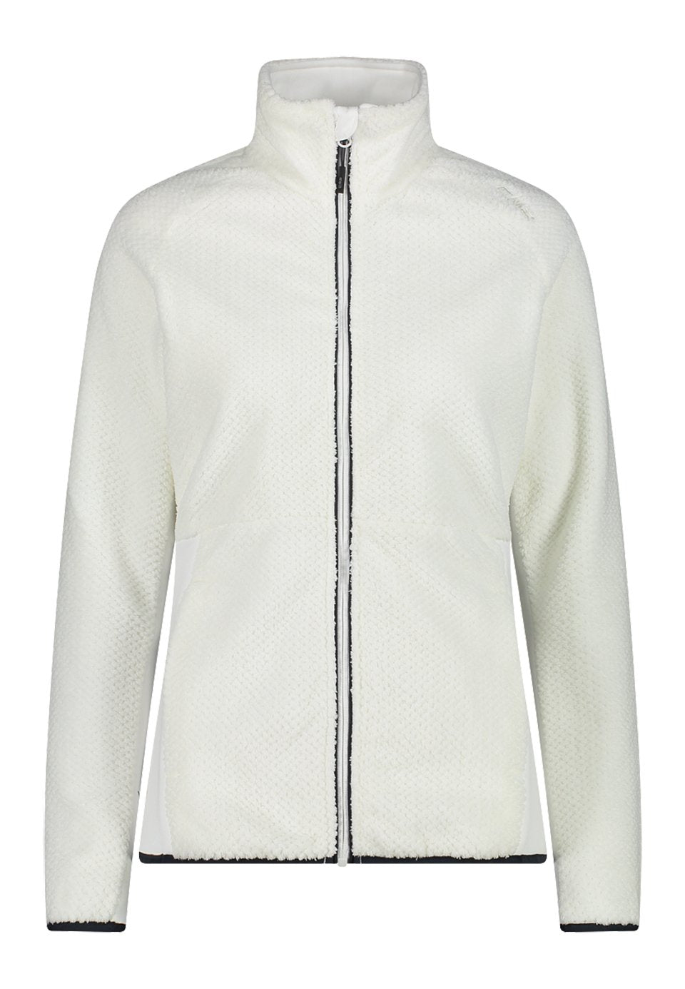 Weißer Fleece-Jacke mit hohem Kragen, Frontreißverschluss und strukturiertem Muster. Verfügt über schwarze Akzente an den Bündchen und am Saum.