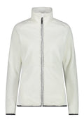 Weißer Fleece-Jacke mit hohem Kragen, Frontreißverschluss und strukturiertem Muster. Verfügt über schwarze Akzente an den Bündchen und am Saum.