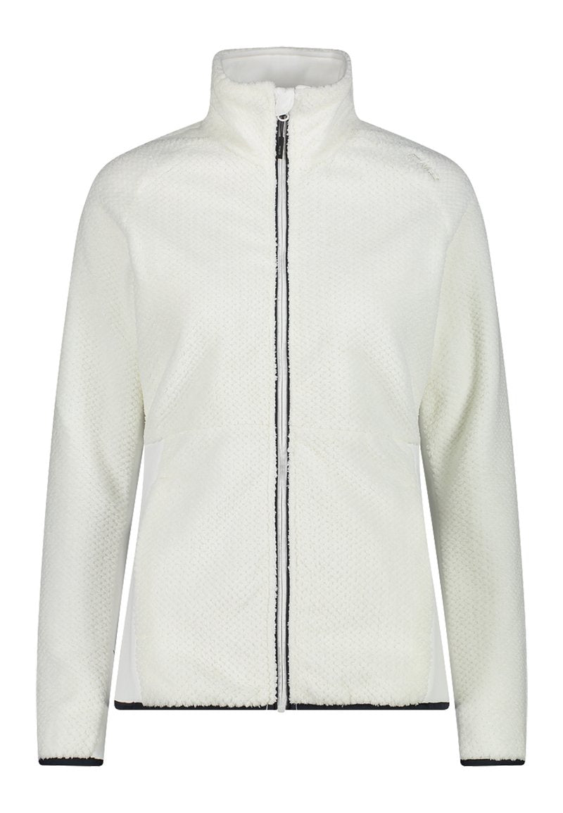Weißer Fleece-Jacke mit hohem Kragen, Frontreißverschluss und strukturiertem Muster. Verfügt über schwarze Akzente an den Bündchen und am Saum.