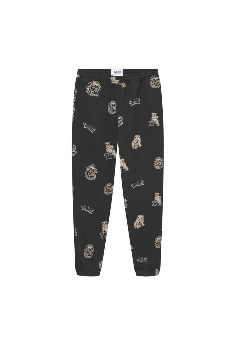 Schwarze Sweatpants mit verschiedenen beigen Bulldoggen-Grafiken und dem Text "YALE". Mit elastischem Bund und Bündchen, aus dehnbarem Material.