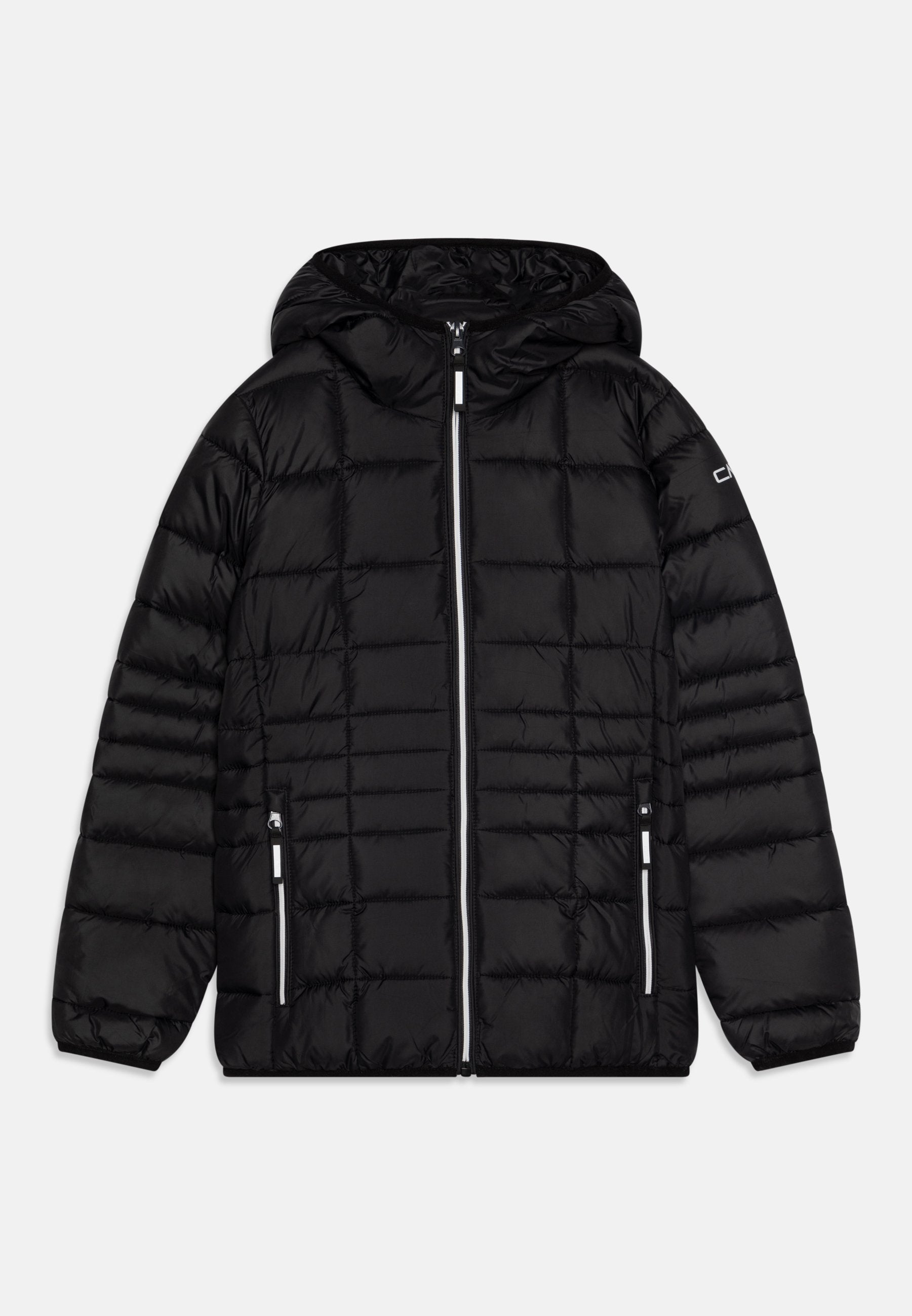 Schwarze gepolsterte Jacke mit Kapuze, mit einem gesteppten Design, vollem Frontreißverschluss und zwei seitlichen Taschen mit Reißverschluss.