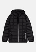 Schwarze gepolsterte Jacke mit Kapuze, mit einem gesteppten Design, vollem Frontreißverschluss und zwei seitlichen Taschen mit Reißverschluss.