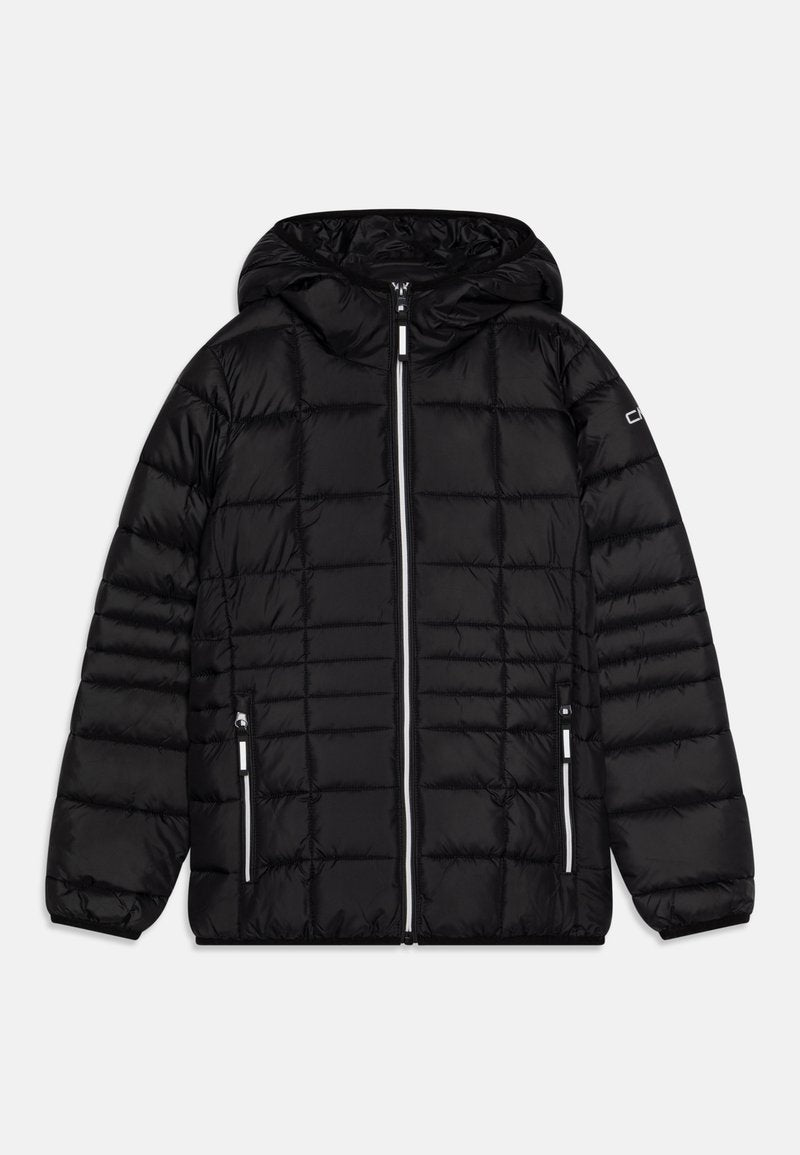 Schwarze gepolsterte Jacke mit Kapuze, mit einem gesteppten Design, vollem Frontreißverschluss und zwei seitlichen Taschen mit Reißverschluss.