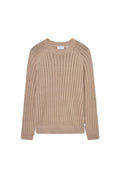 Beige gerippter Strickpullover mit langen Ärmeln, rundem Hals und dezentem seitlichem Logoschild. Verfügt über ein strukturiertes Muster und enganliegende Bündchen.