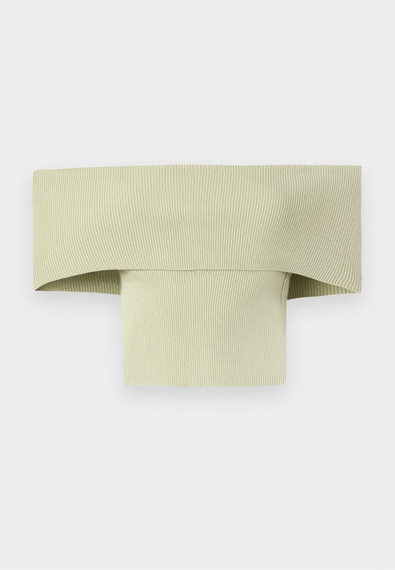 Rippenswertes, schulterfreies Oberteil in hellgrün, mit einem breiten, gefalteten Ausschnitt und einer enganliegenden, figurbetonten Form, hergestellt aus dehnbarem Material.