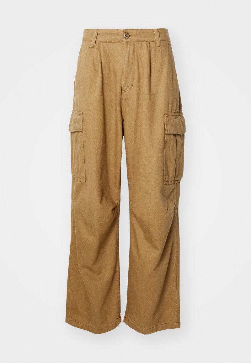 Beige Cargo-Hosen mit geradem Beinschnitt, ausgestattet mit zwei Seitentaschen und einem Knopfverschluss. Hergestellt aus einem weichen, strapazierfähigen Stoff.