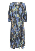 Kleid aus weichem, leichtem Stoff mit einem abstrakten Muster in Schwarz, Blau, Grün und Beige. Fließende Silhouette mit 3/4-Ärmeln und Rückenschließe.